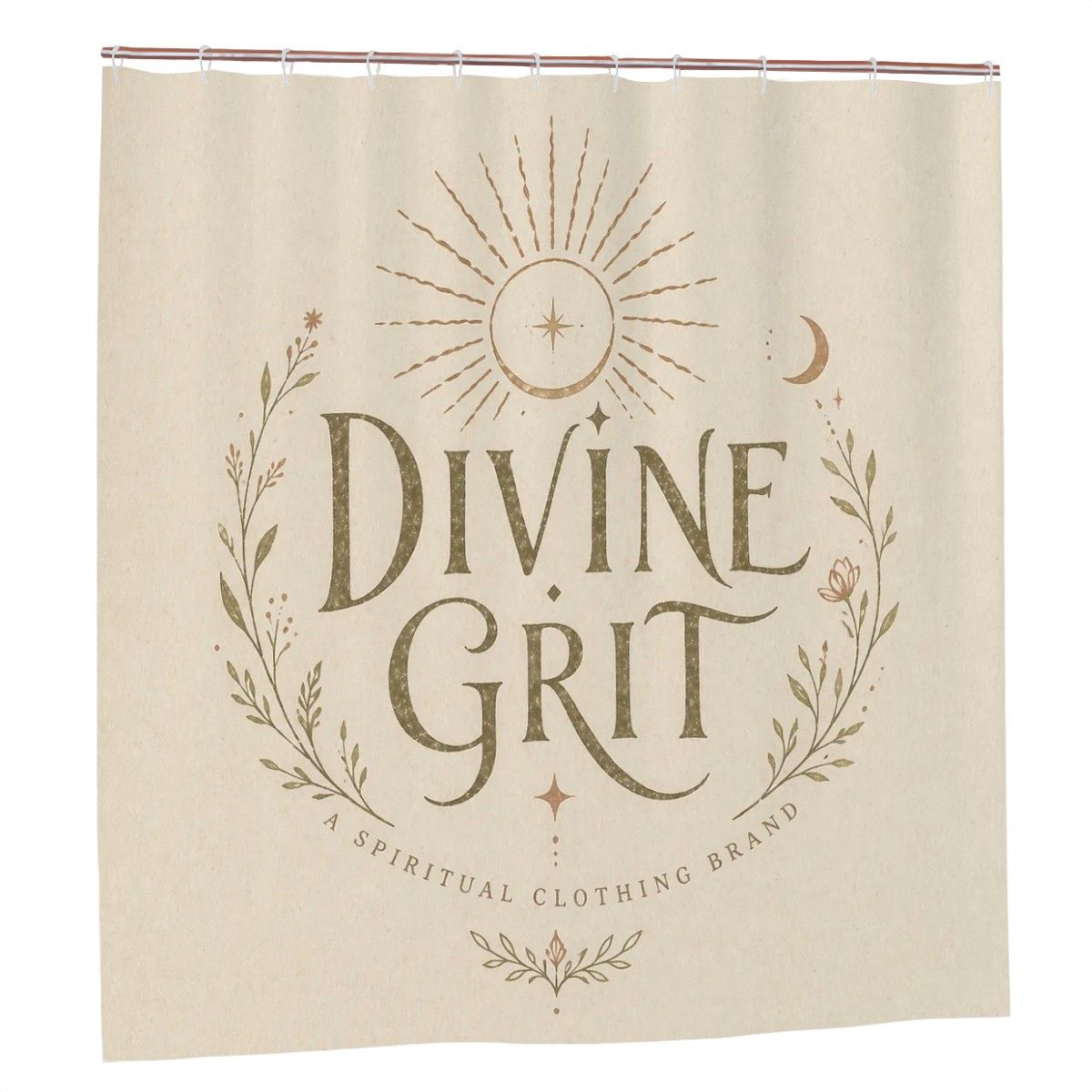 Vintage Mystic bathroom decor shower curtain with spiritual strength quote, featuring divine grit design by Sandy Beach.