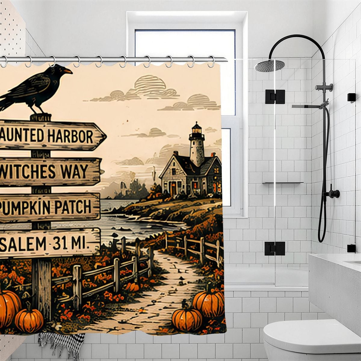 Halloween shower curtain featuring a spooky coastal landscape with a lighthouse and signpost.