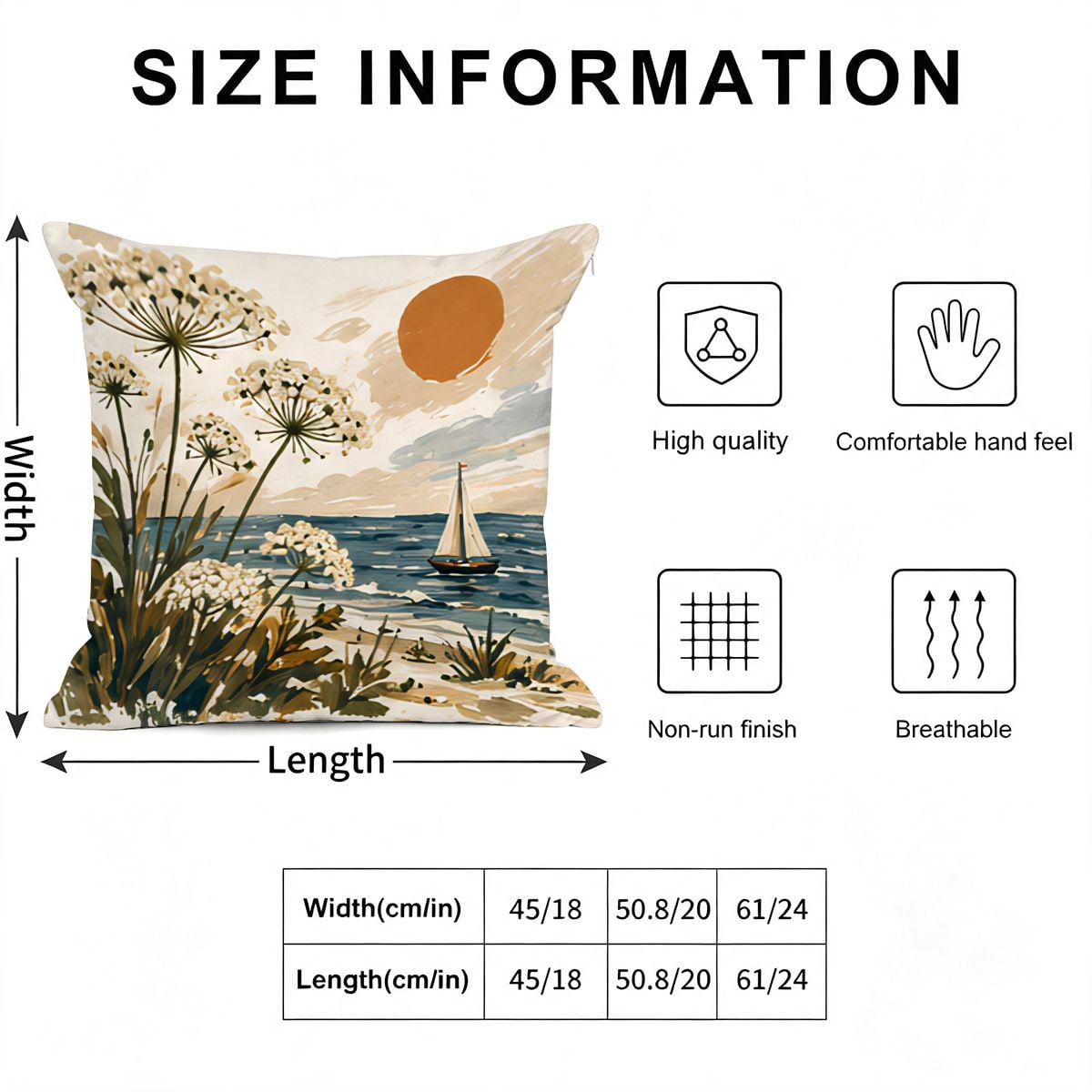 Beach landscape decorative pillow with sailboat, sun, and wildflowers, including size chart.