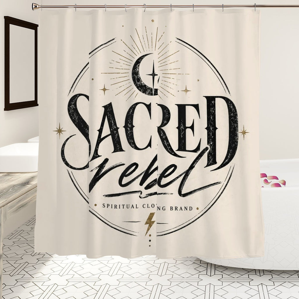 Sacred Rebel minimal logo shower curtain by Sandy Beach featuring modern spiritual design, neutral bathroom decor aesthetic.