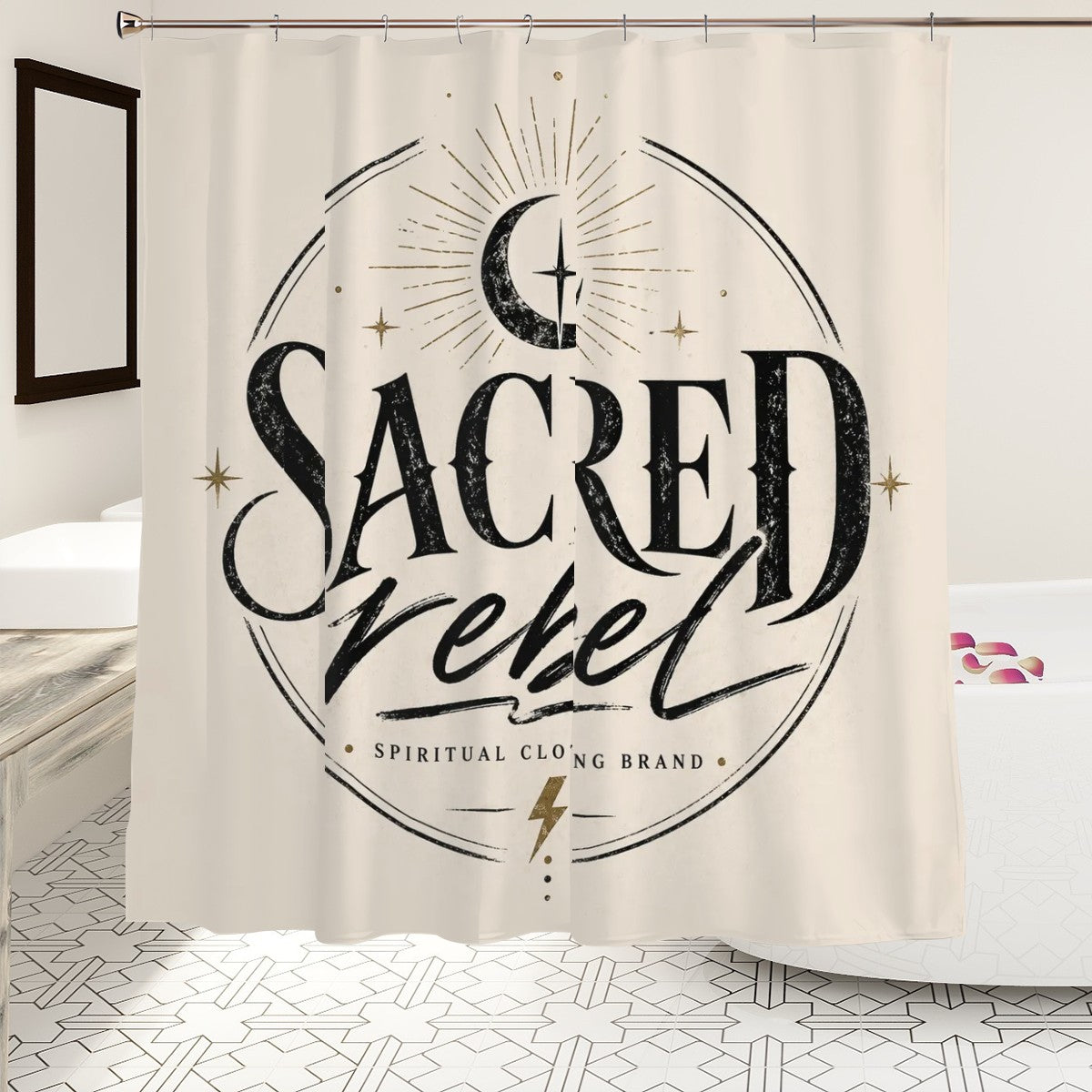 Sacred Rebel minimal logo shower curtain by Sandy Beach featuring modern spiritual design, neutral bathroom decor aesthetic.