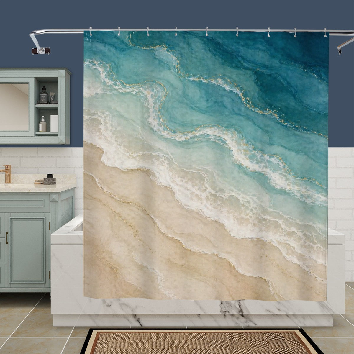 Sandy Beach bathroom decor shower curtain with a coastal beach scene, hanging in a modern bathroom setting.