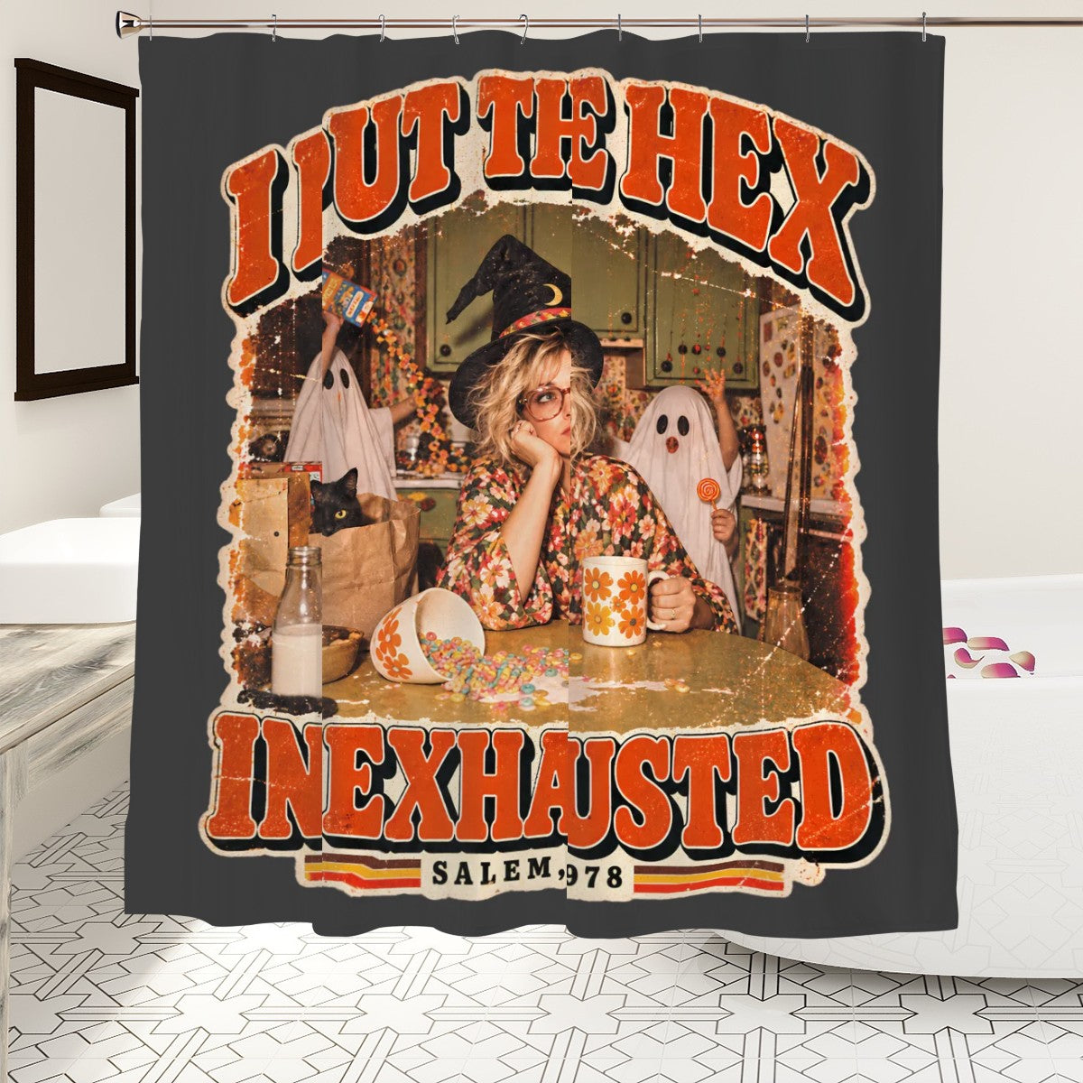 I Put the Hex on You Shower Curtain - 72" x 72" Retro Witchy Halloween Decor