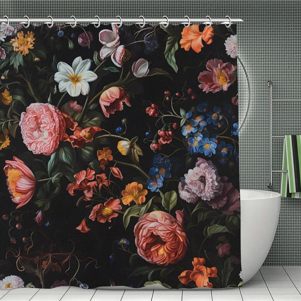 Dark floral shower curtain with vintage style pink, white, and blue flowers.