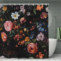 Dark floral shower curtain with vintage style pink, white, and blue flowers.