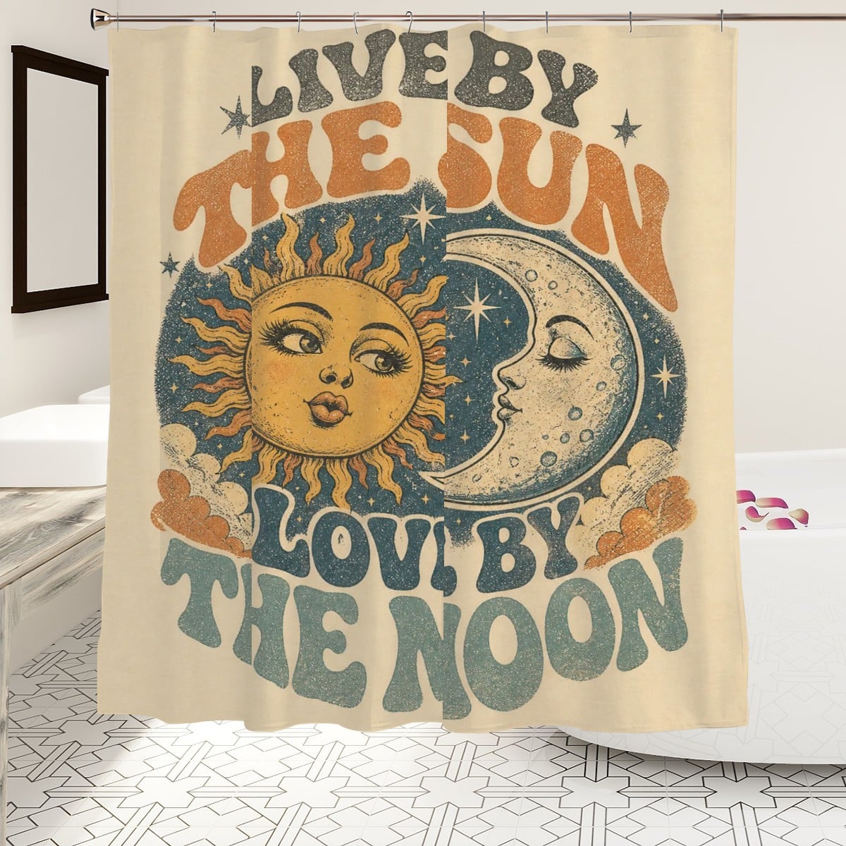 Sandy Beach bathroom decor shower curtain with ocean wave design hanging in a modern shower stall