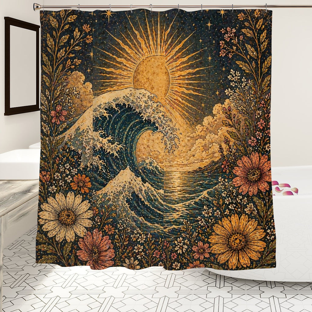 Sandy Beach bathroom decor shower curtain with ocean and sand beach scene, waterproof fabric, vibrant coastal design