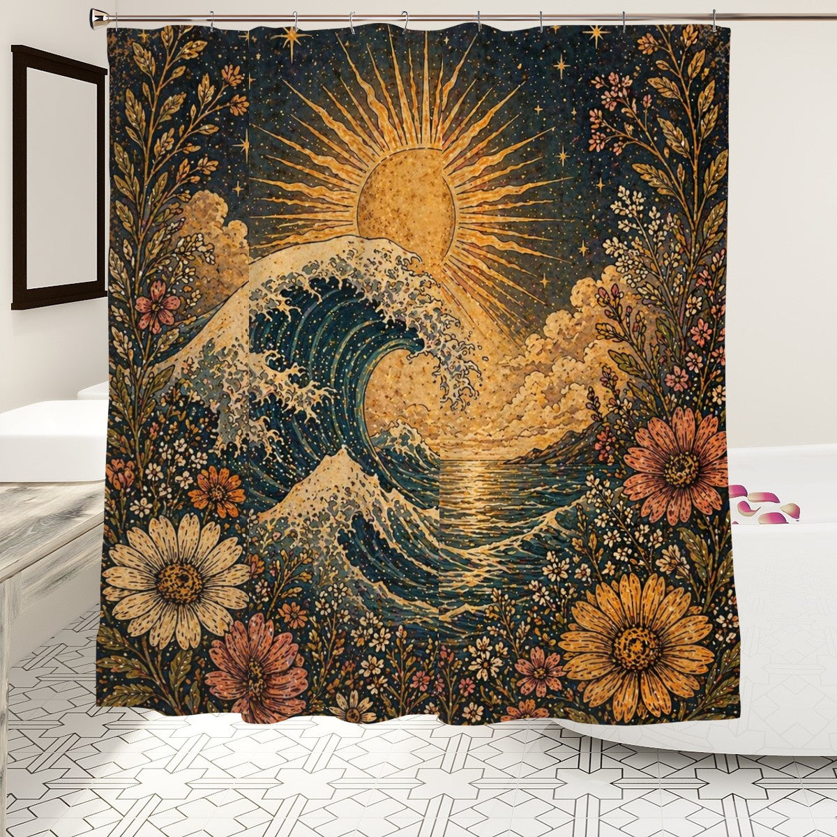 Sandy Beach bathroom decor shower curtain with ocean and sand beach scene, waterproof fabric, vibrant coastal design