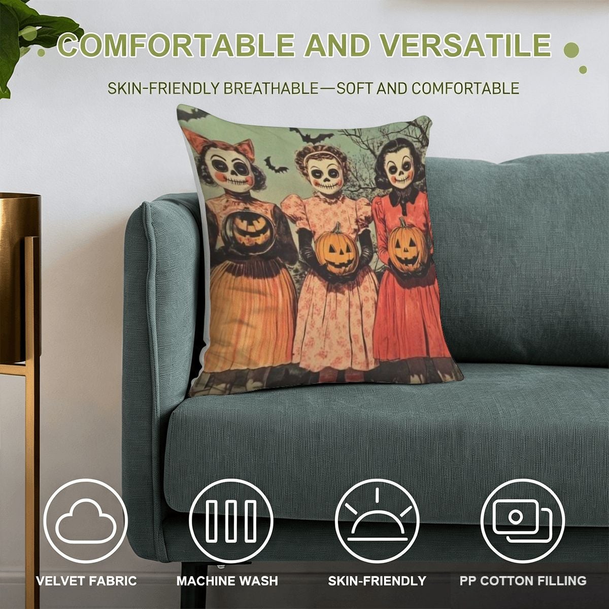 Halloween decorative throw pillow with three vintage skull girl illustrations on a blue sofa.