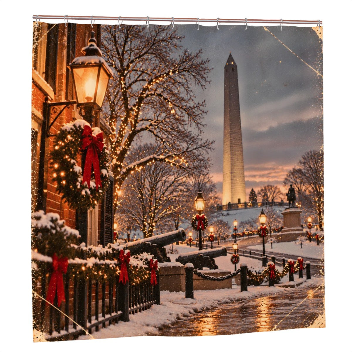 Vintage Christmas Bunker Hill Shower Curtain | Snowy City & Lantern Glow