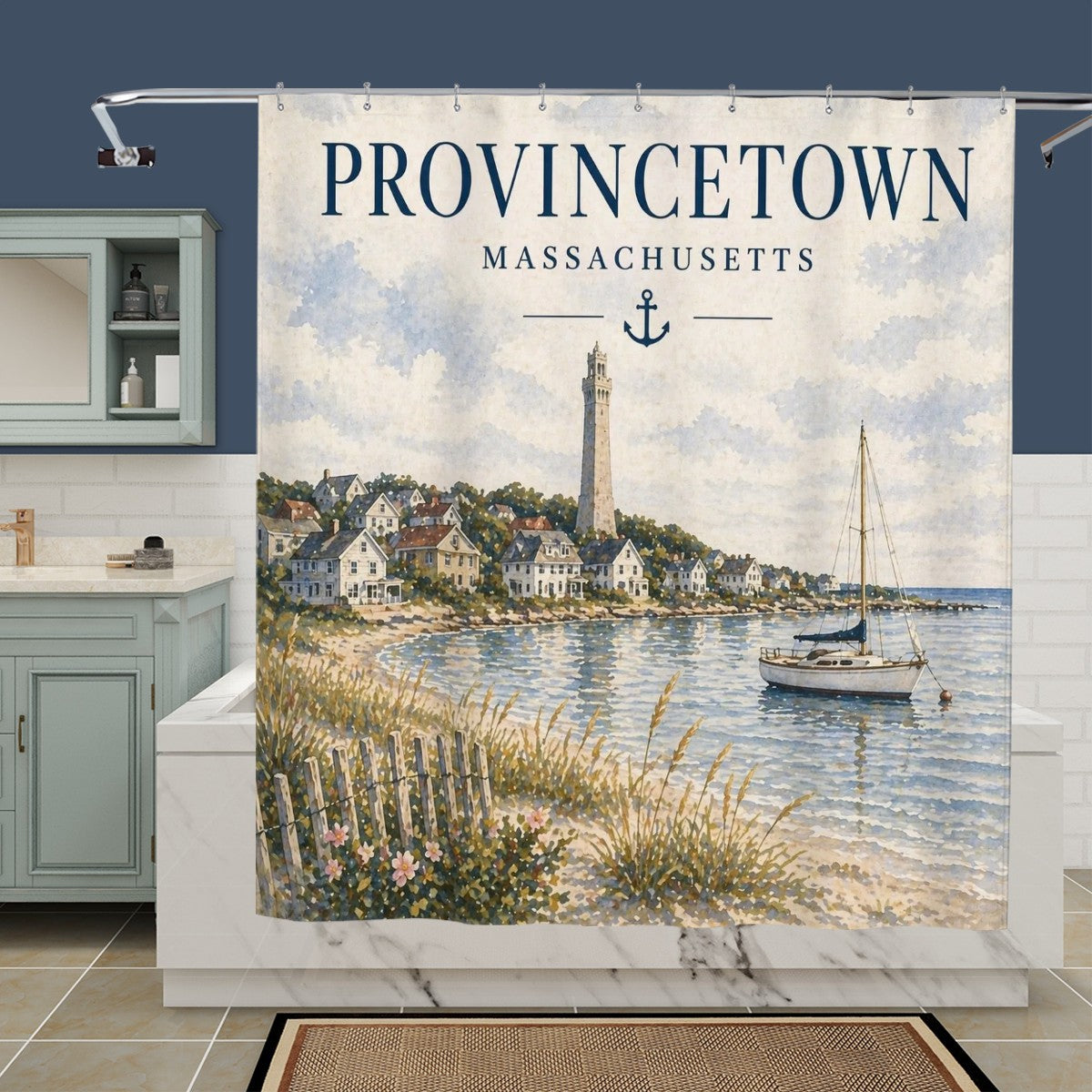 Sandy Beach bathroom decor shower curtain with tropical beach scene in vibrant colors, hanging in a modern shower area.