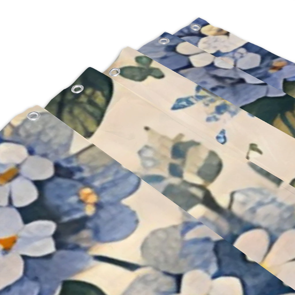 Floral shower curtain with blue and white watercolor flowers on a cream background.