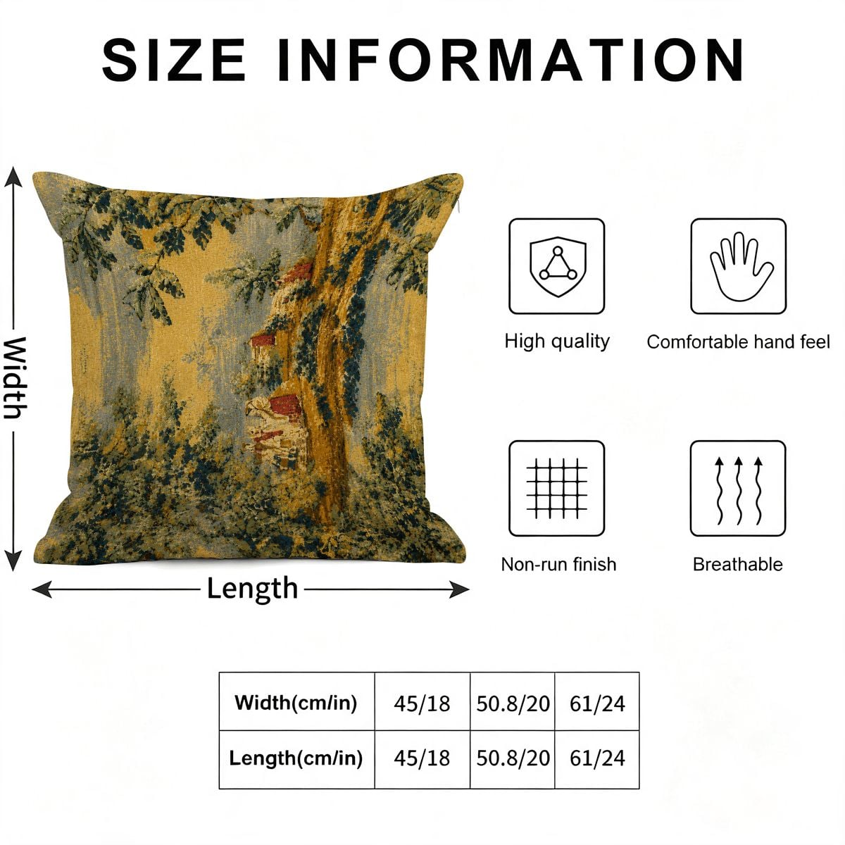 Tapestry style landscape print decorative throw pillow with size dimensions chart.