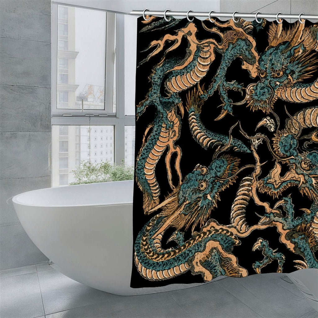 Black shower curtain with gold and teal oriental dragon pattern in a modern bathroom.