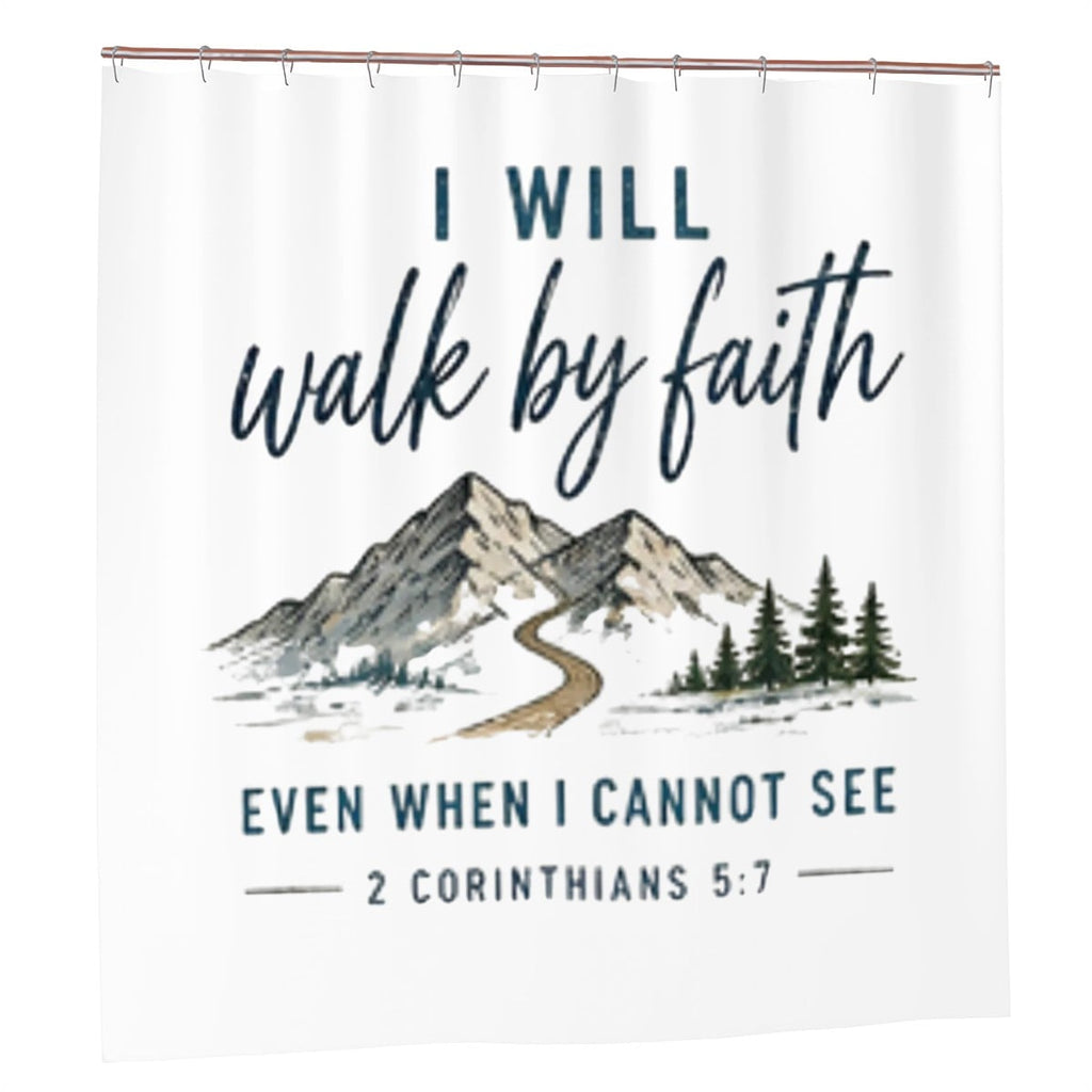 Sandy Beach bathroom decor shower curtain with ocean-inspired wave pattern in blue and white, hanging in a modern bathroom.