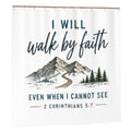 Sandy Beach bathroom decor shower curtain with ocean-inspired wave pattern in blue and white, hanging in a modern bathroom.