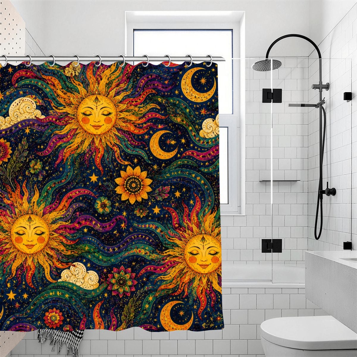 Bohemian celestial shower curtain with vibrant sun, moon, and star patterns.
