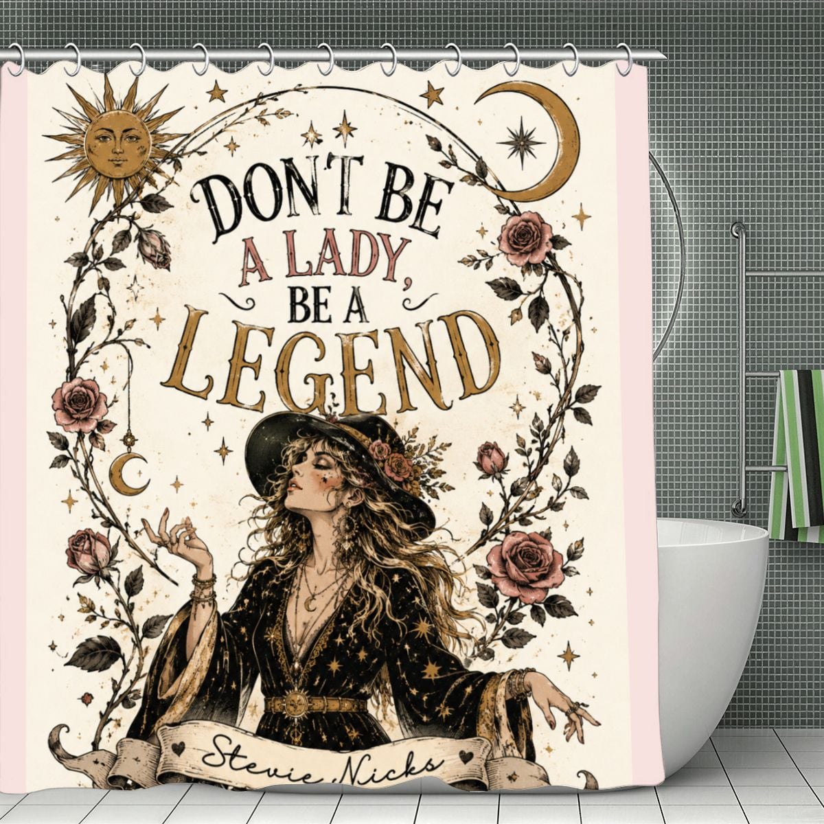 "Don't Be a Lady, Be a Legend" Stevie Nicks Shower Curtain | Boho Celestial Bathroom Decor