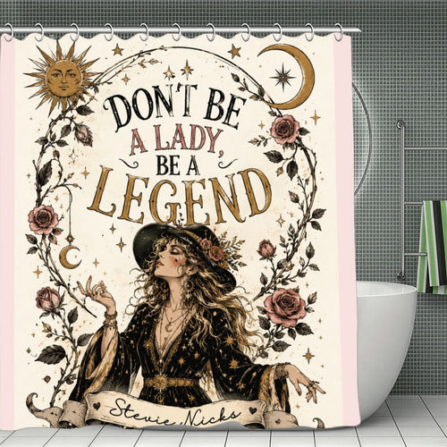 Stevie Nicks inspired shower curtain with celestial sun, moon, and rose botanical design.