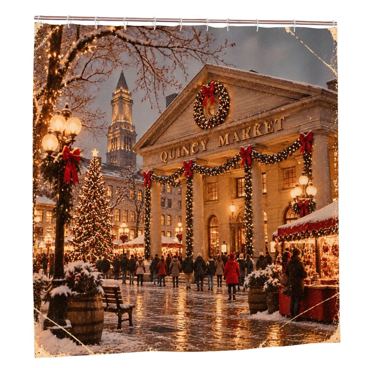 Boston Quincy Market Christmas Shower Curtain | Holiday Winter Scene