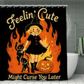 Halloween shower curtain featuring a cute witch girl, black cats, and a pumpkin with flames.