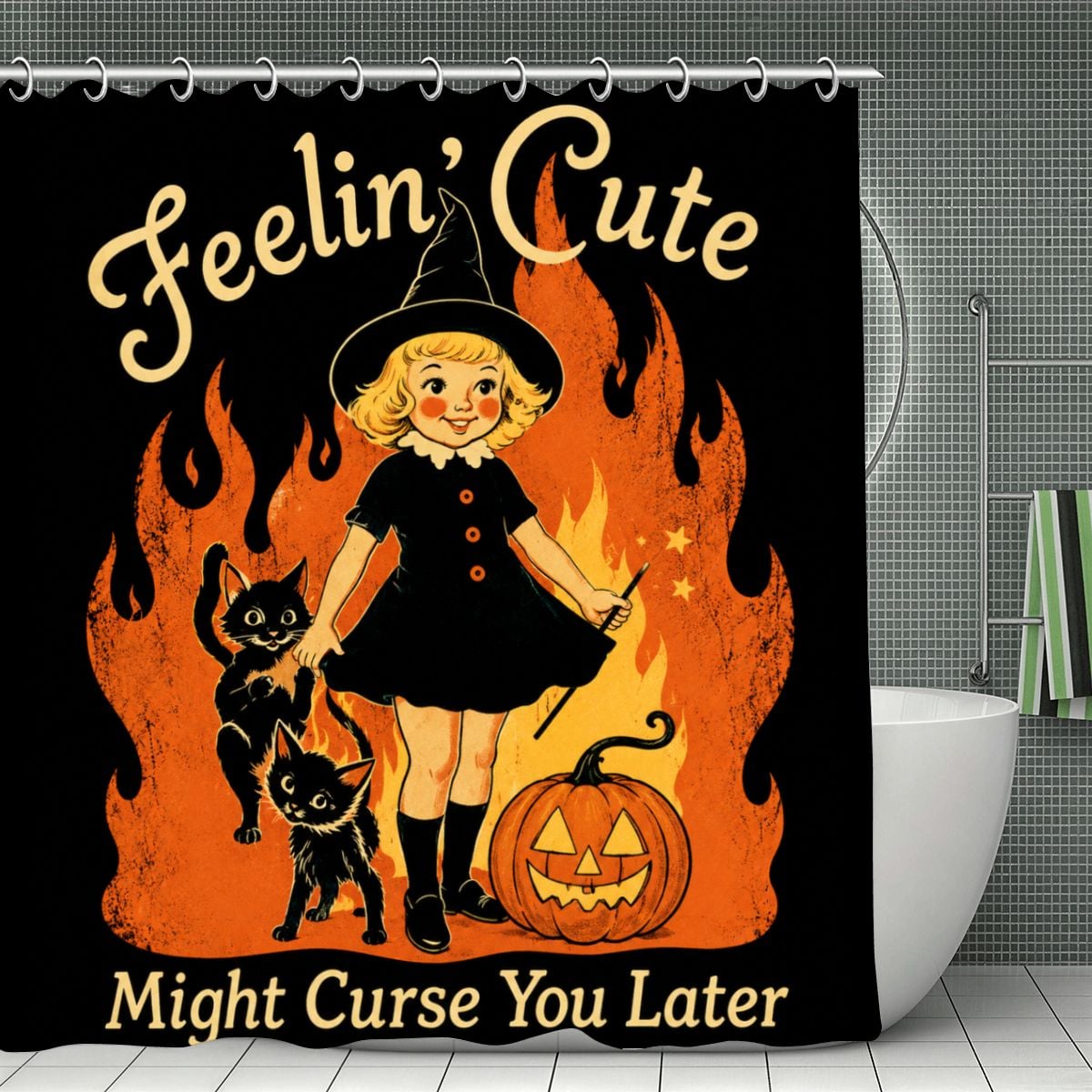 Halloween shower curtain featuring a cute witch girl, black cats, and a pumpkin with flames.
