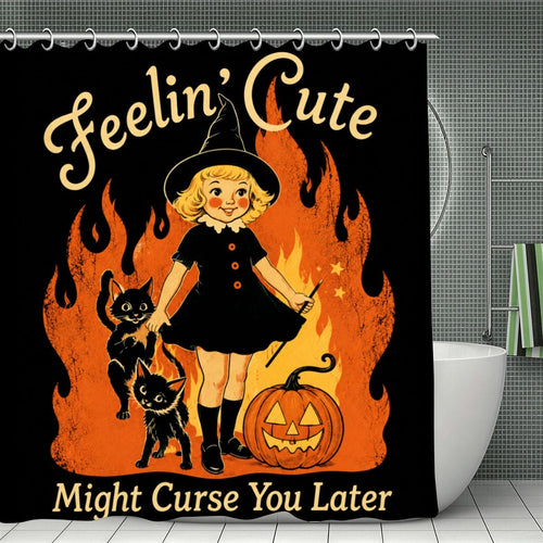 Halloween shower curtain featuring a cute witch girl, black cats, and a pumpkin with flames.