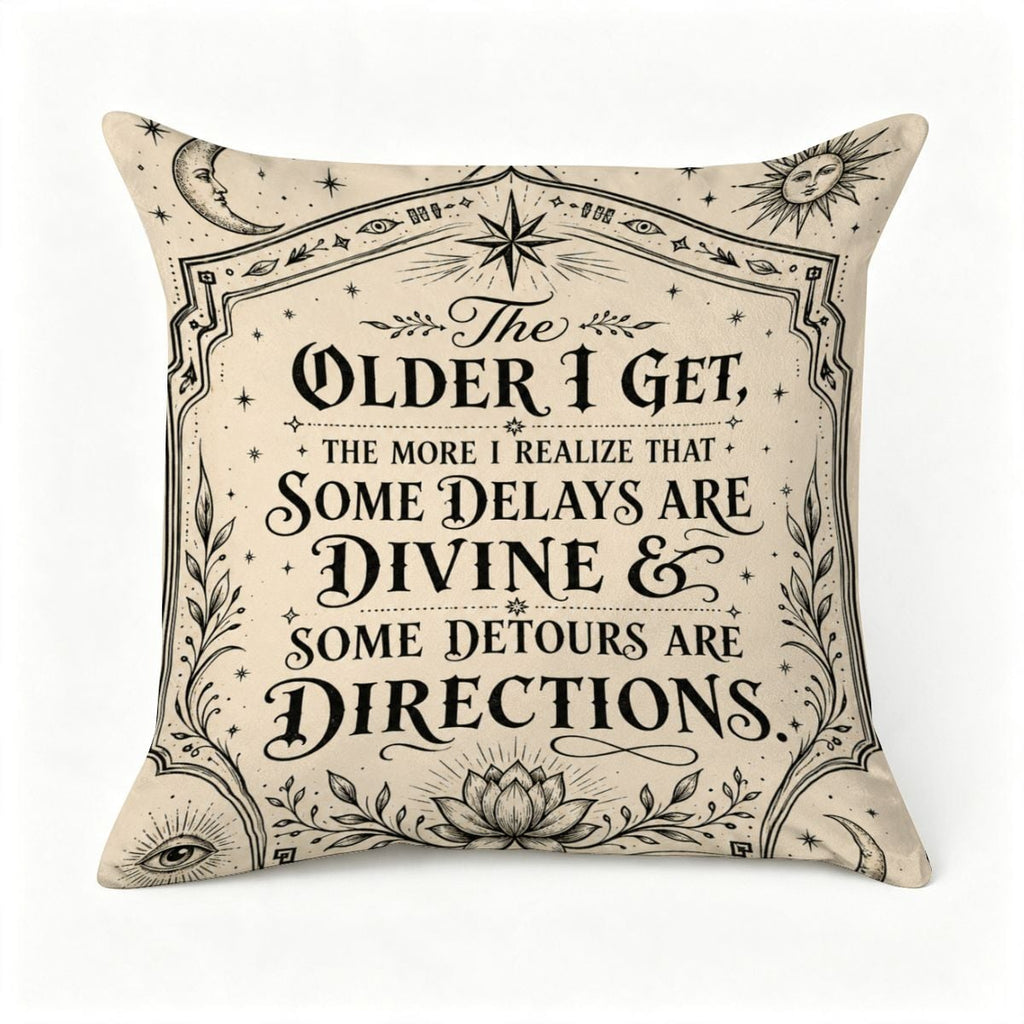 Decorative cream throw pillow with celestial sun and moon motifs and inspirational quote.