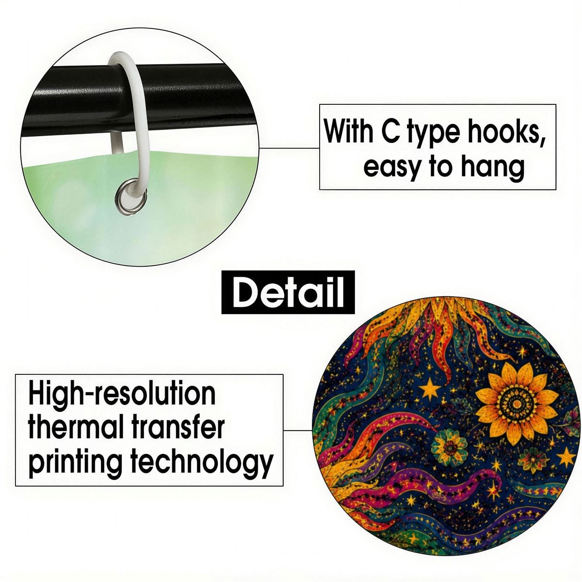 Close-up of C-type shower curtain hooks and high-resolution colorful floral pattern detail.