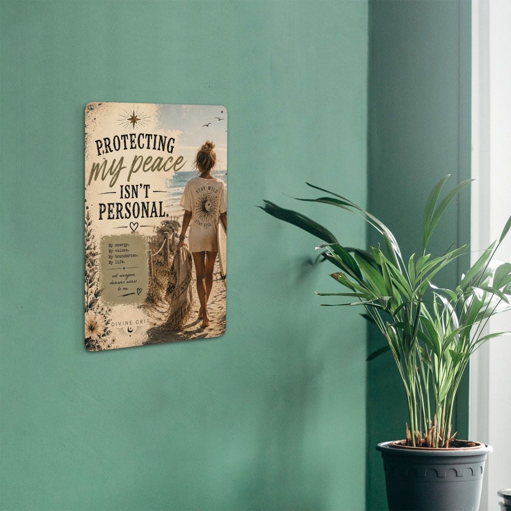 Vintage style metal sign with beach sunset and text 'Protecting my peace isn't personal'.