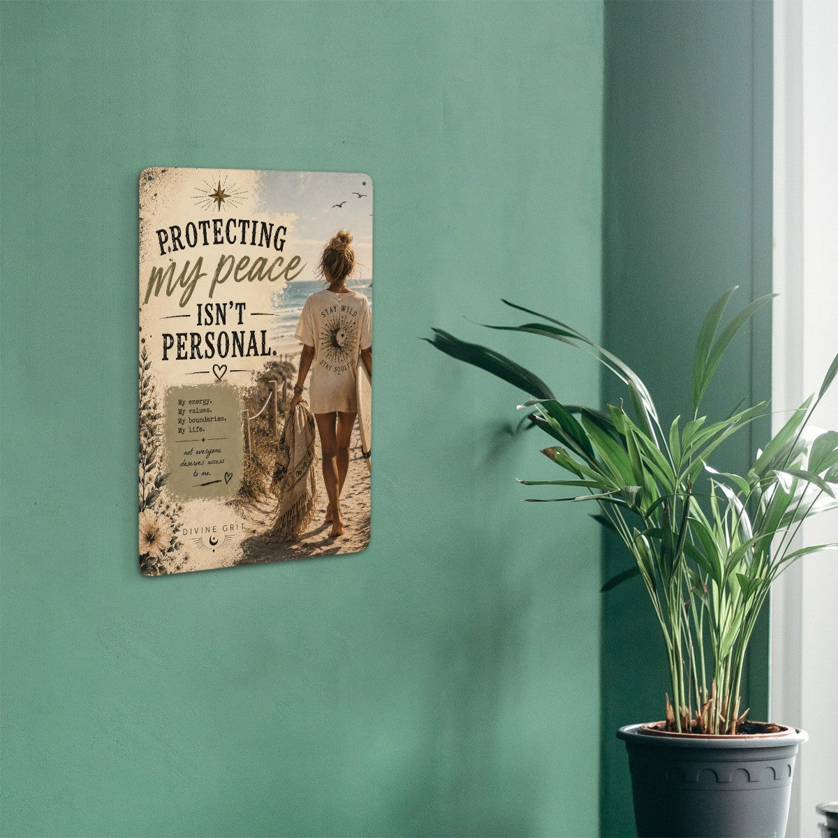 Vintage style metal sign with beach sunset and text 'Protecting my peace isn't personal'.