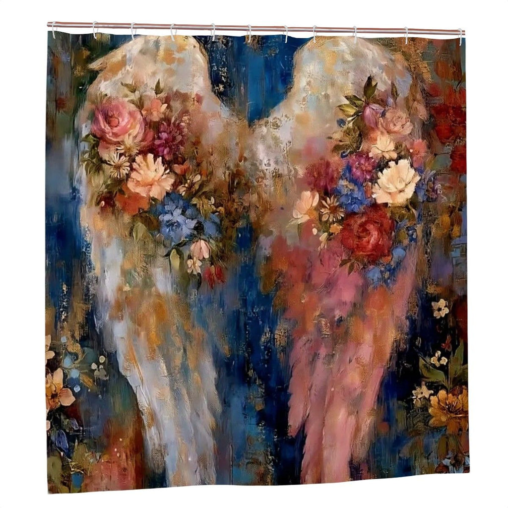 Artistic shower curtain featuring white angel wings adorned with colorful floral arrangements.