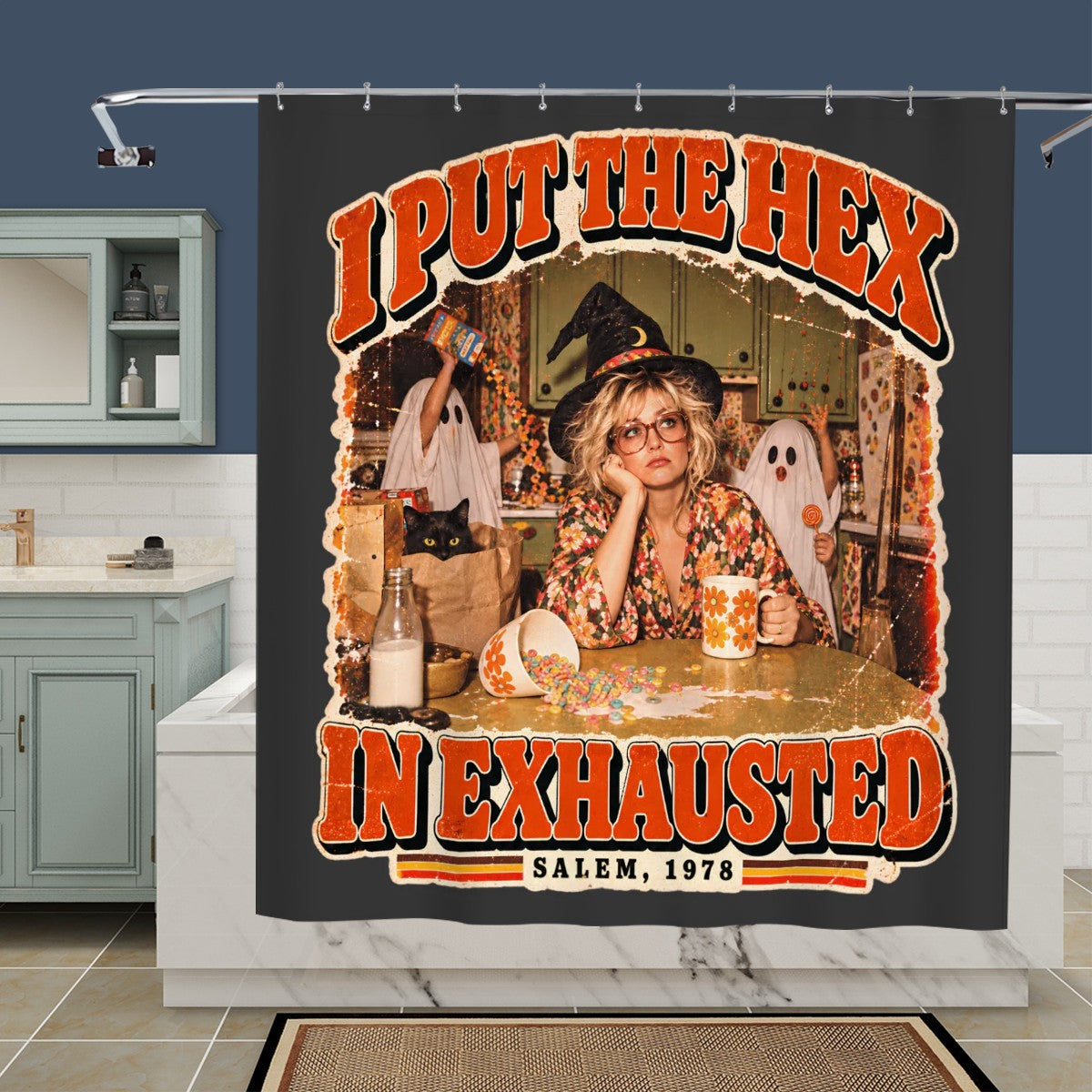 I Put the Hex on You Shower Curtain - 72" x 72" Retro Witchy Halloween Decor