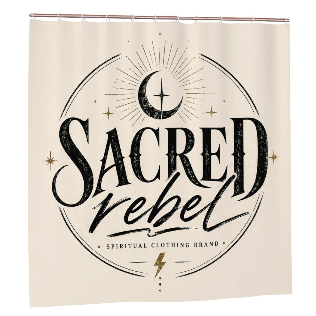 Sacred Rebel minimalist logo shower curtain by Sandy Beach, modern spiritual bathroom decor with neutral tones.