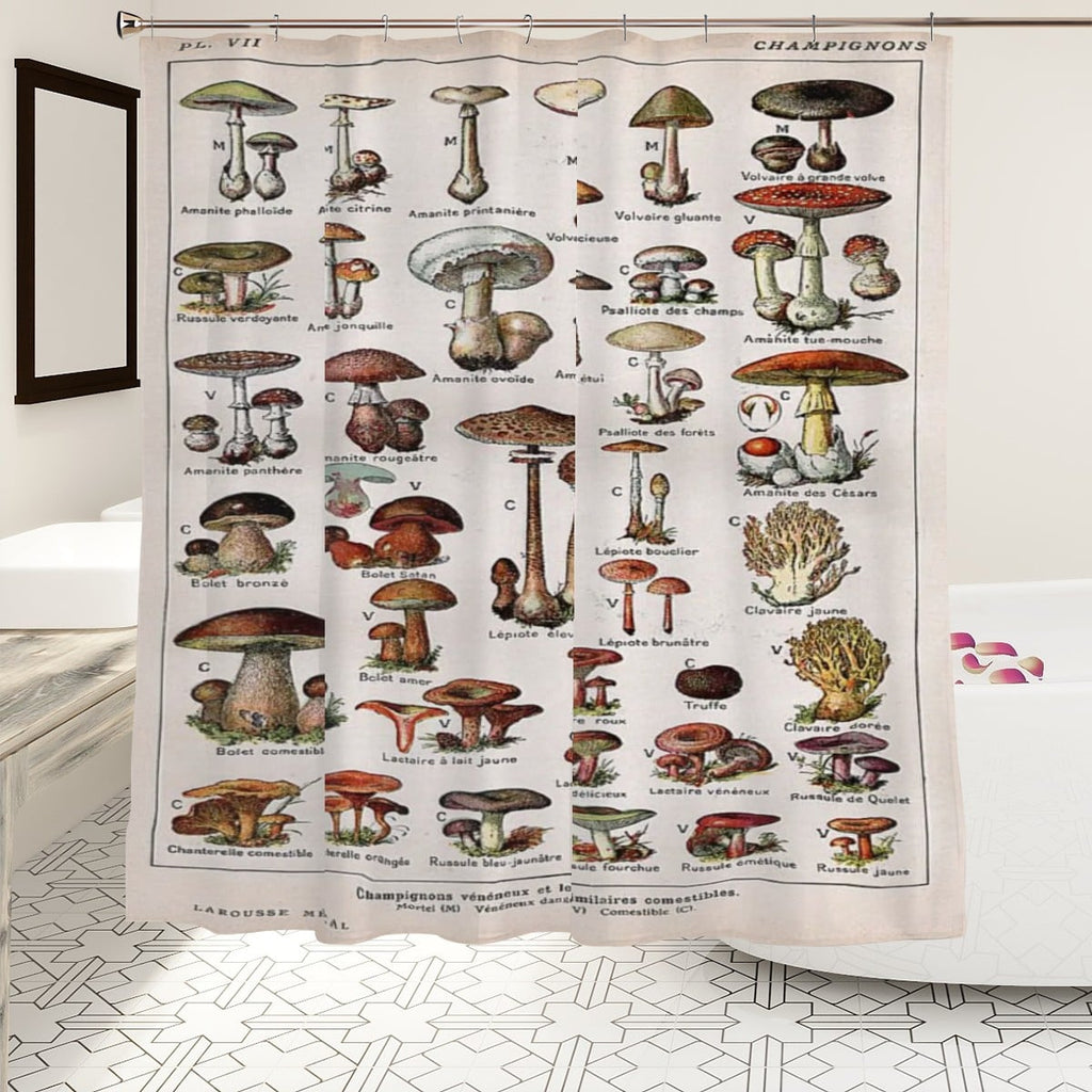 Vintage botanical mushroom shower curtain featuring colorful mushroom and plant illustrations, ideal for bathroom decor.