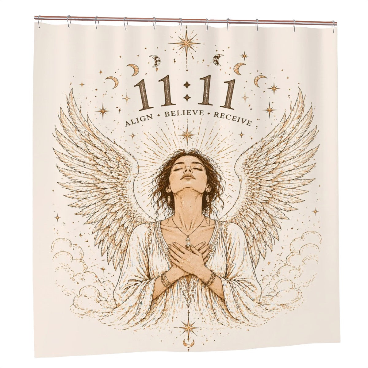 Sandy Beach bathroom decor shower curtain with ocean-inspired design, hanging on a rod in a modern bathroom setting