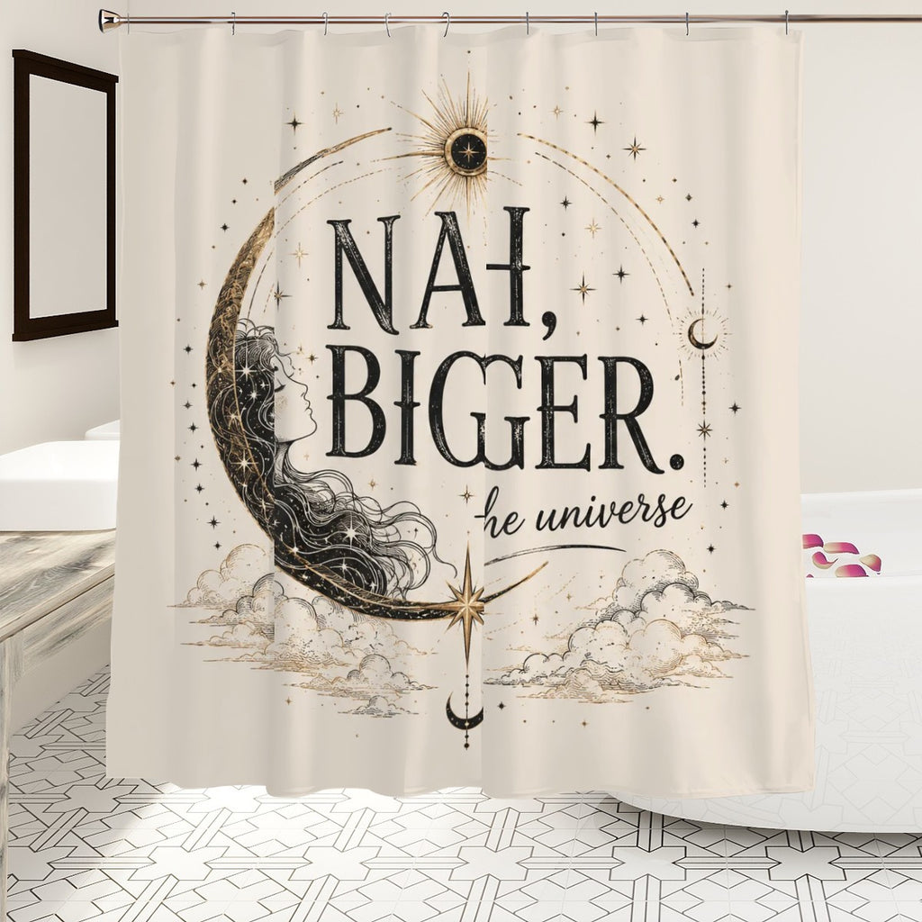 Celestial shower curtain featuring a moon goddess and gold star illustrations with text.