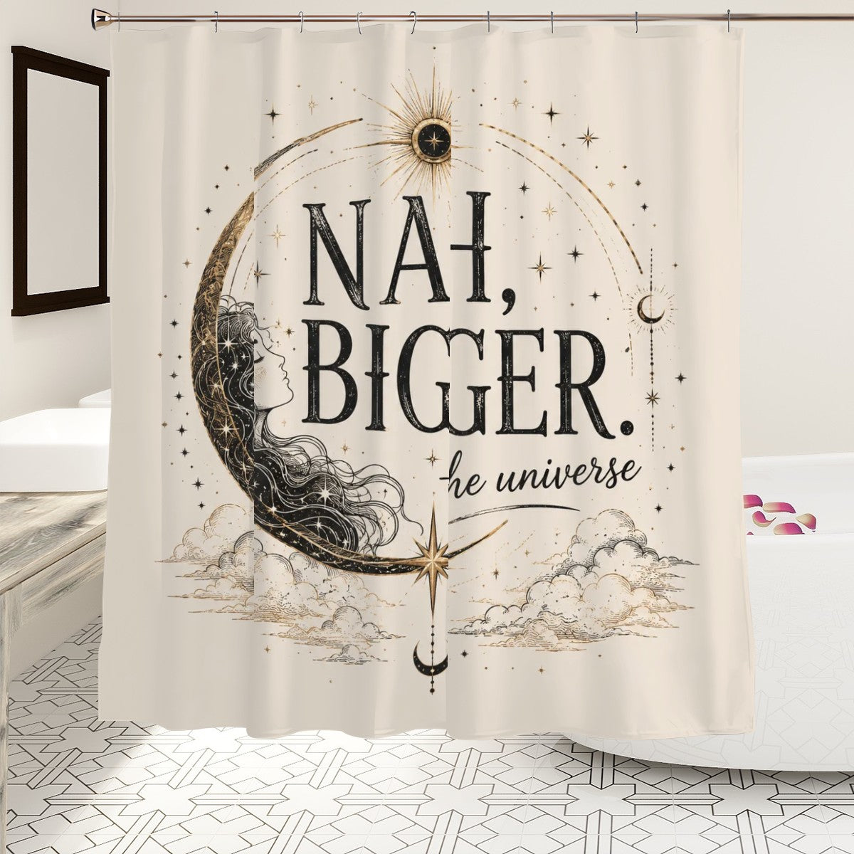 Celestial shower curtain featuring a moon goddess and gold star illustrations with text.