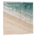 Sandy Beach bathroom decor shower curtain with a beach scene, featuring blue waves and sandy shore, perfect for bathroom decor.