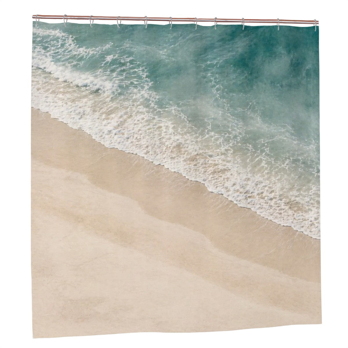 Sandy Beach bathroom decor shower curtain with a beach scene, featuring blue waves and sandy shore, perfect for bathroom decor.