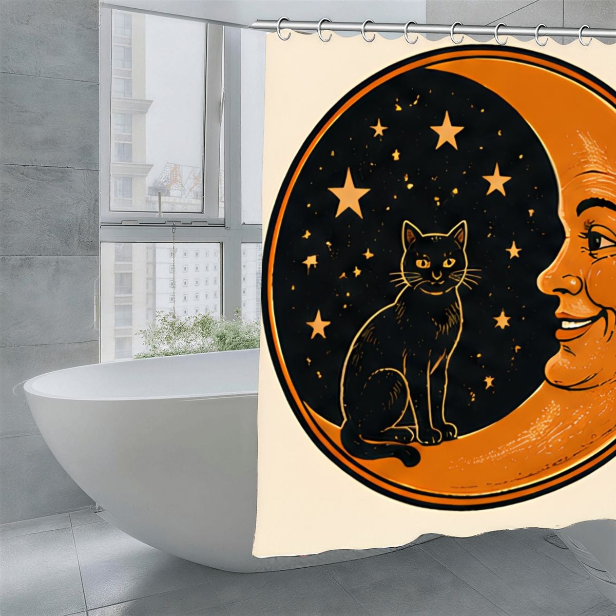 Black cat sitting in front of a crescent moon and starry night sky shower curtain.