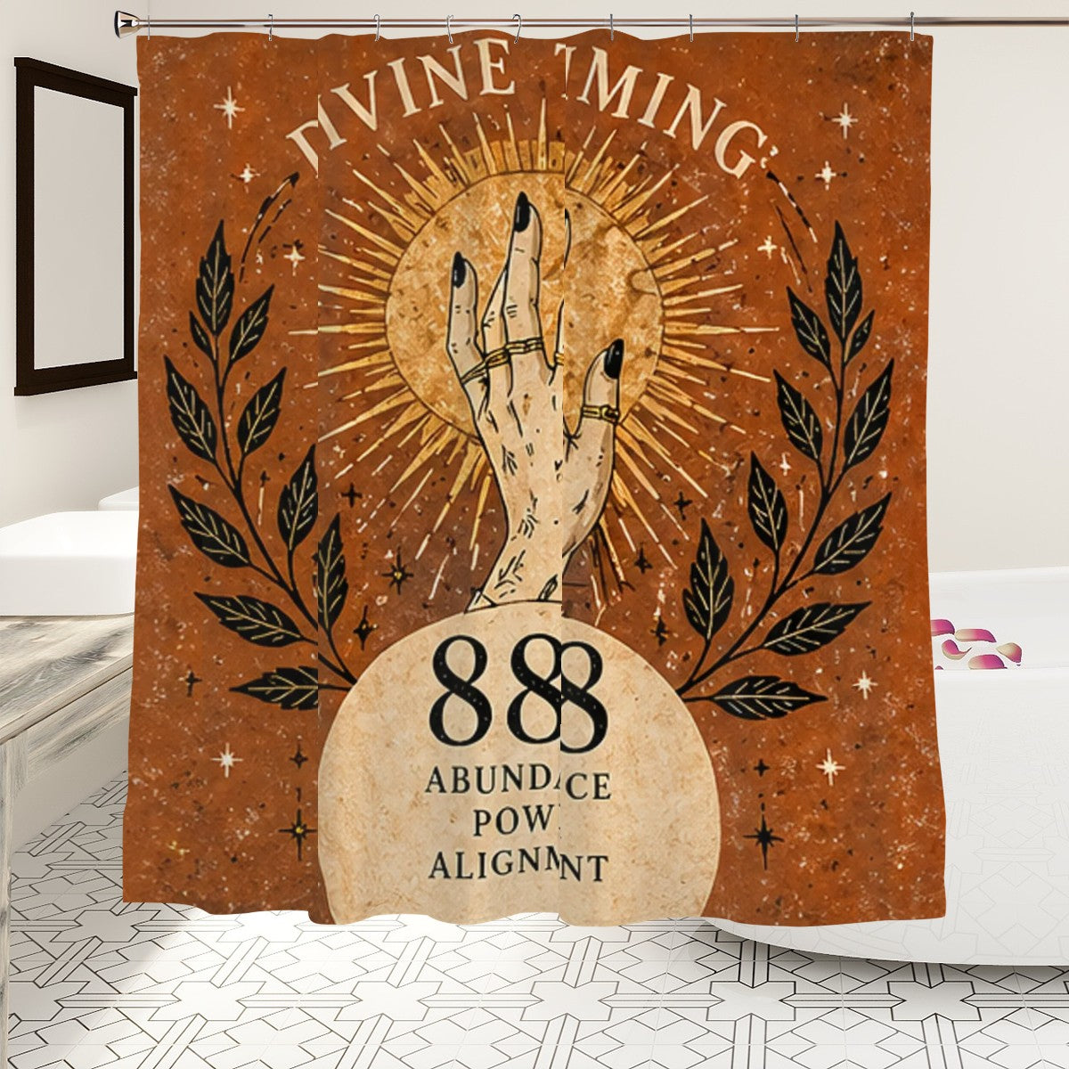 Sandy Beach bathroom decor shower curtain with ocean-themed design, hanging in a modern bathroom setting.