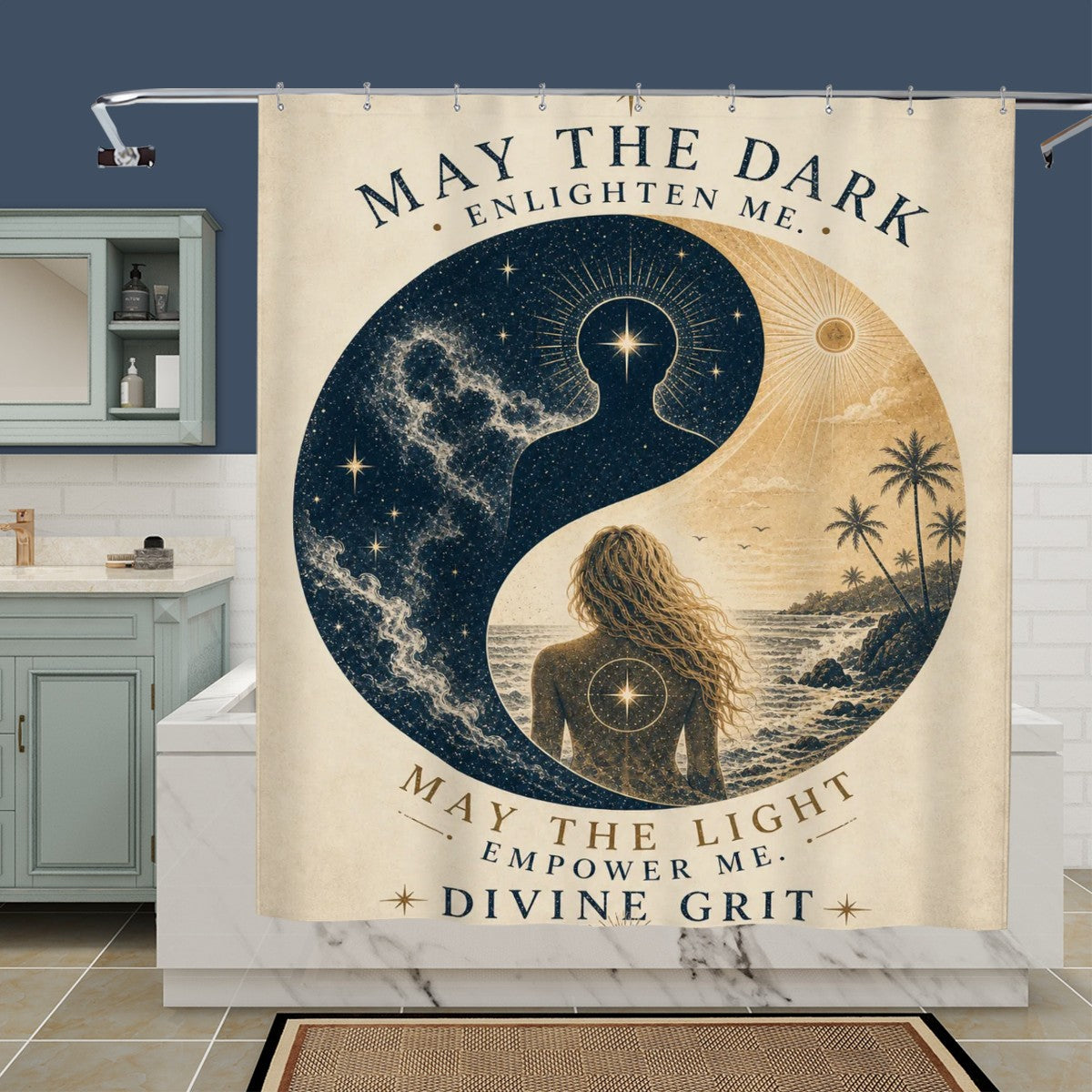 Sandy Beach bathroom decor shower curtain with ocean wave pattern hanging in a modern bathroom setting
