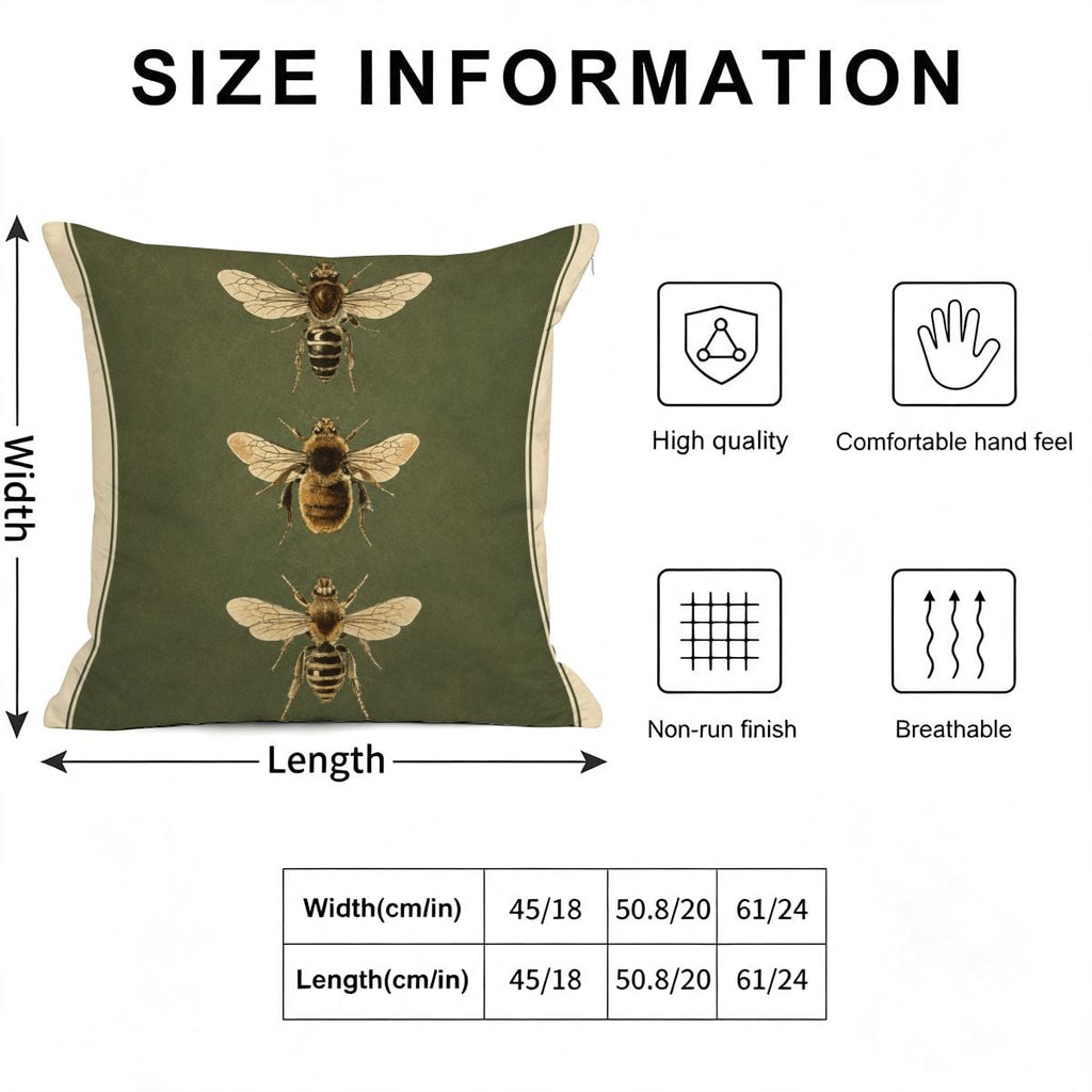 Size information chart for a green decorative pillow featuring three bee illustrations.
