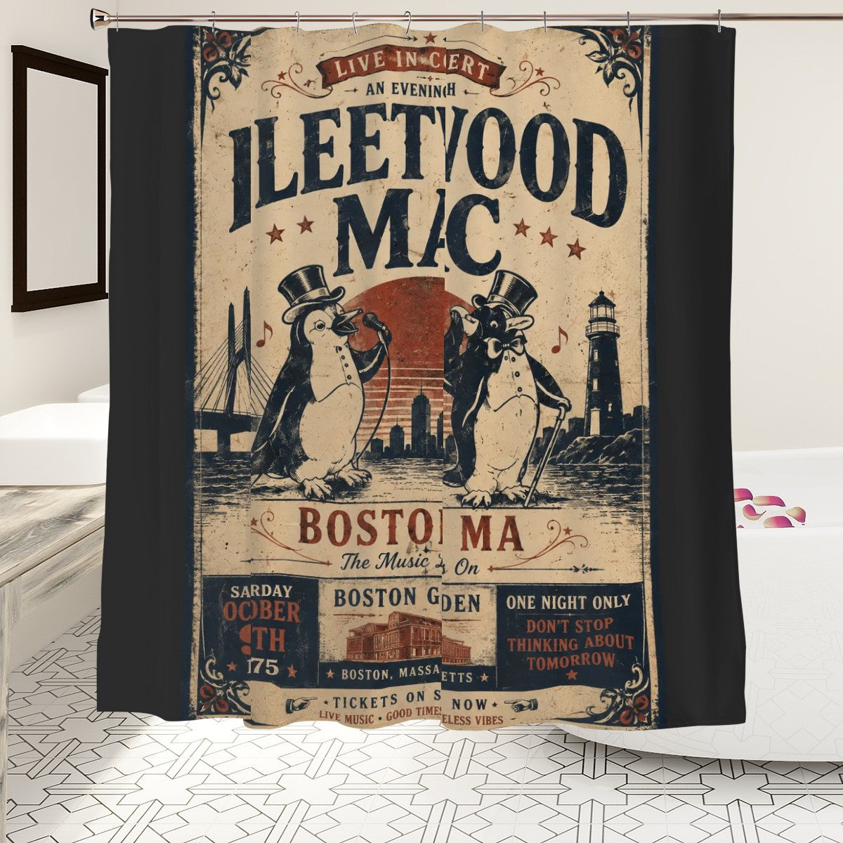 Vintage style concert poster shower curtain featuring penguins performing in Boston.
