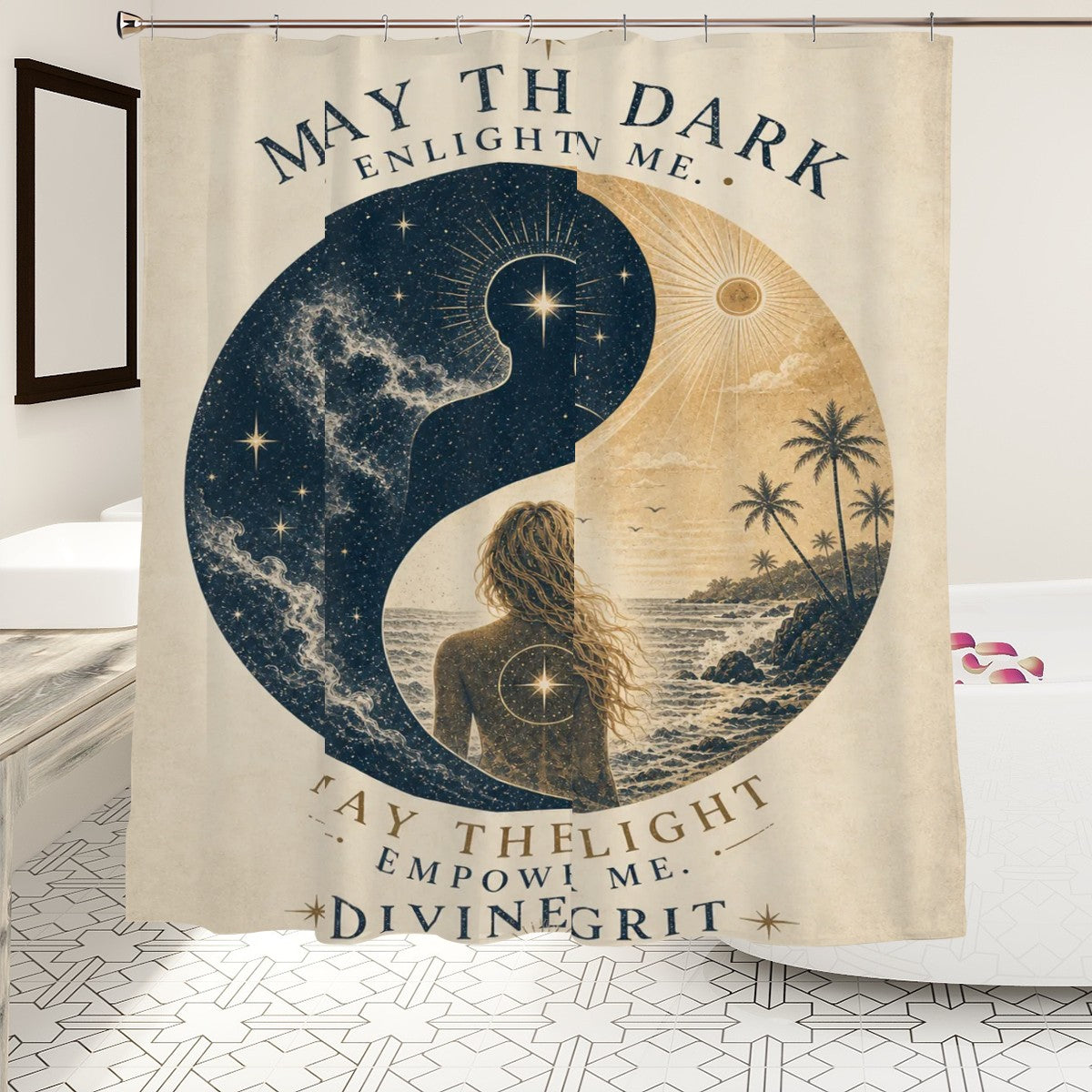 Sandy Beach bathroom decor shower curtain with ocean and sand beach scene, suitable for modern bathroom decor.