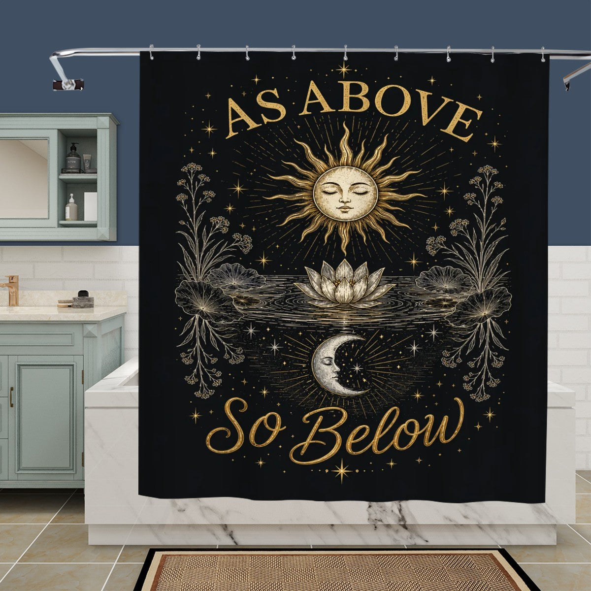Sandy Beach bathroom decor shower curtain with ocean-inspired design hanging in a modern shower stall.