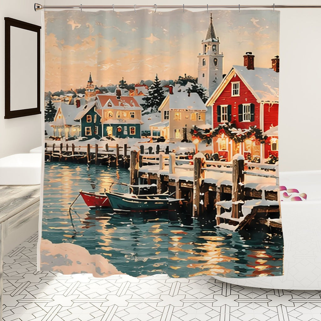 Coastal Christmas Village Shower Curtain | Snowy Harbor Winter Scene