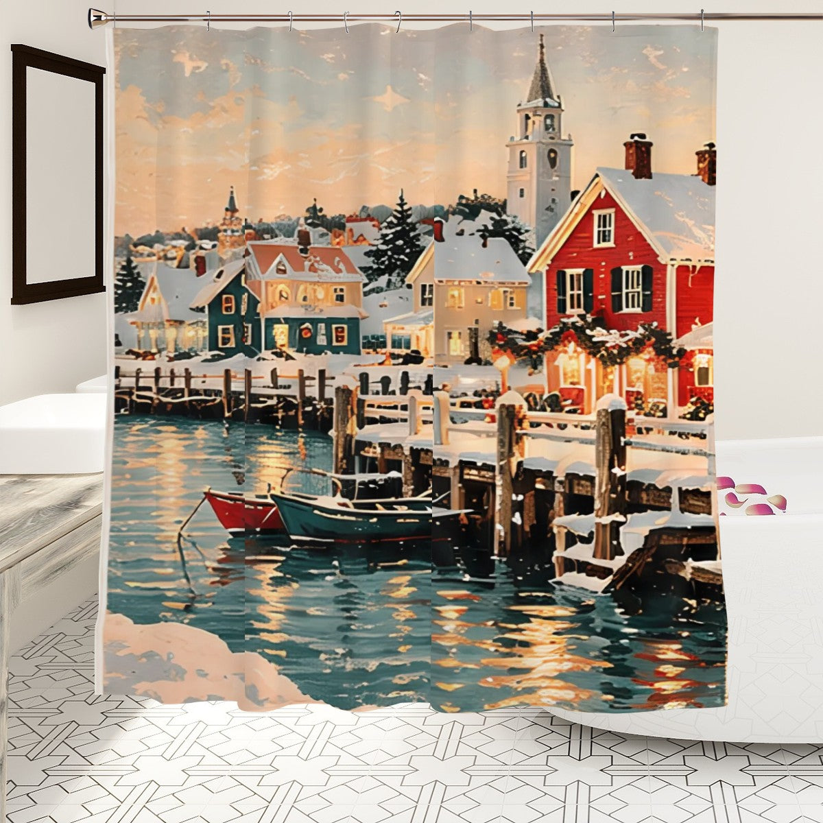 Coastal Christmas Village Shower Curtain | Snowy Harbor Winter Scene