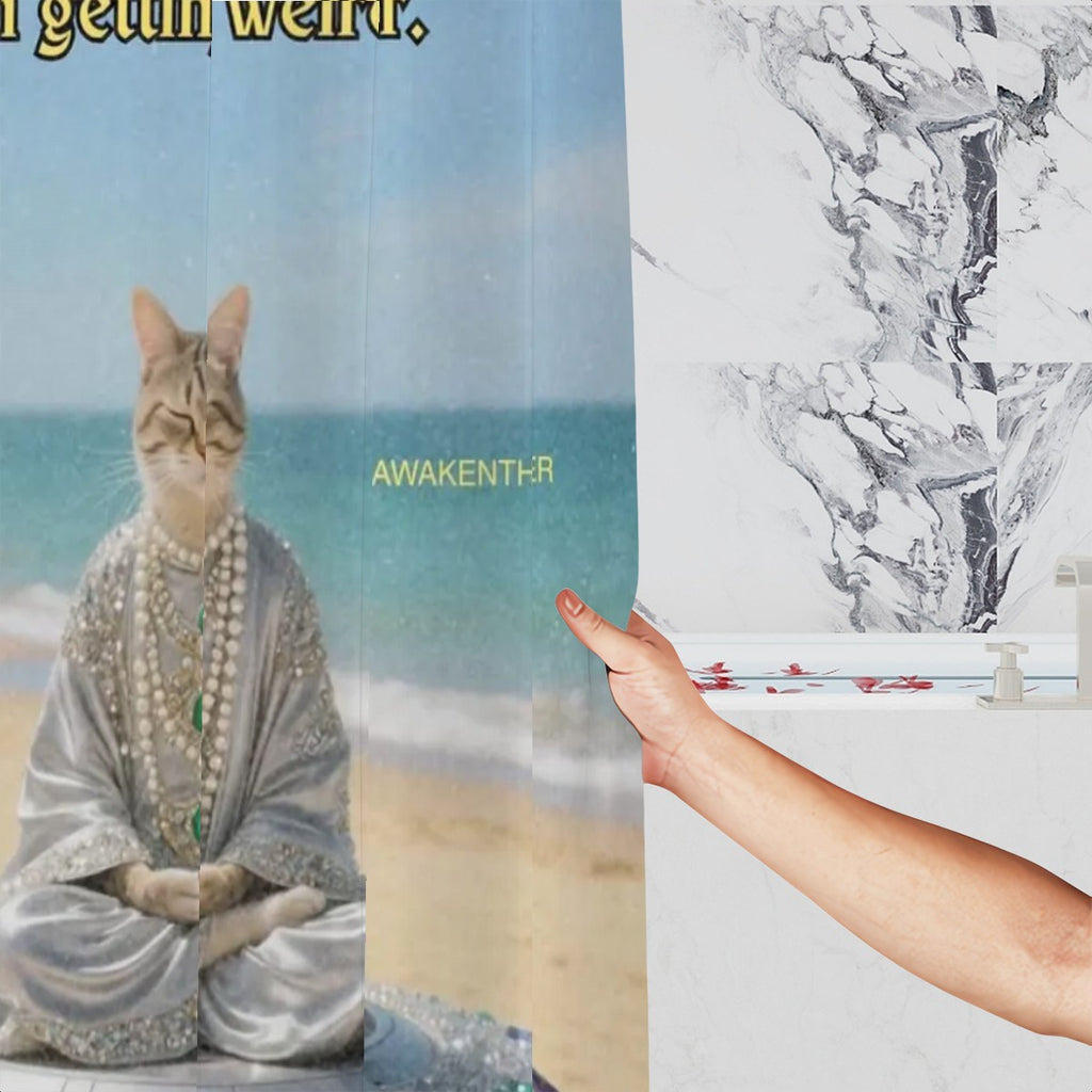 Meditating cat on sandy beach shower curtain, bathroom decor featuring a relaxing feline scene for a calming bathroom ambiance.